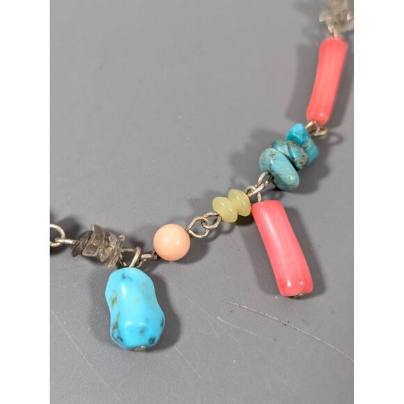 Faux Turquiose Green Stone Chip Coral Cord Necklace Western Boho 18" - Picture 4 of 11